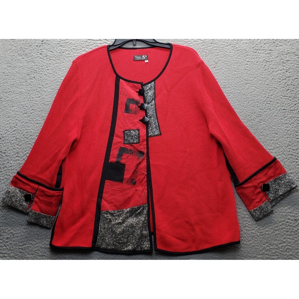 Tivoli of Ireland Jacket Womens XL Red Patchwork Detail Round Neck Buttoned